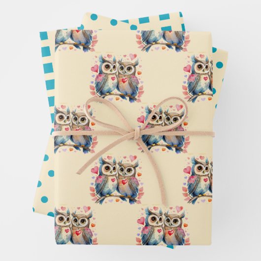 Valentijn schattige uilen stippen vierkant patroon inpakpapier vel (In situ)
