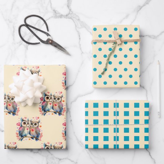 Valentijn schattige uilen stippen vierkant patroon inpakpapier vel (Voorkant)