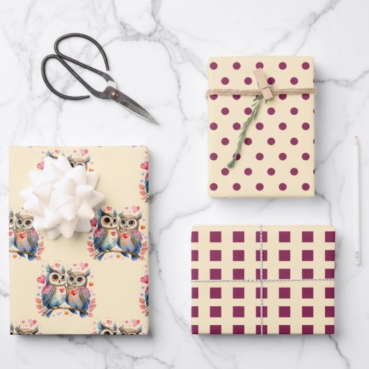 Valentijn schattige uilen stippen vierkant patroon inpakpapier vel (Voorkant)