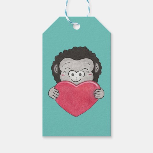 Valentijn Schattigee Gorilla Cartoon Hart Gift Lab Cadeaulabel (Voorkant)