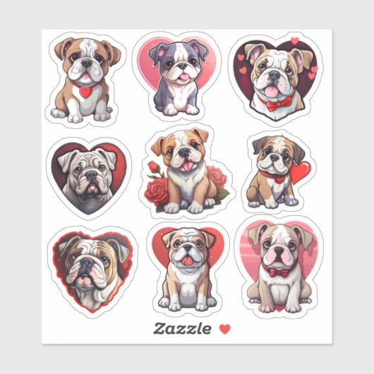 Valentijn set van 9 Bulldog stickers (Vel)