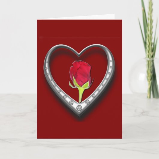 Valentijn Silver Charm Lijst Heart - Red Rose Kaar Feestdagen Kaart (Voorkant)