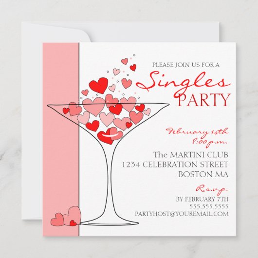 Valentijn Singles Party Heart Cocktail Invitation Kaart (Voorkant)