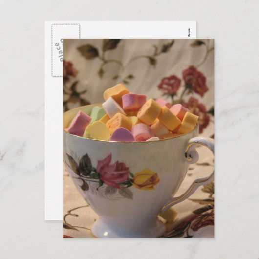 Valentijn Snoep en Roos theekopje Feestdagenkaart (Voorkant / Achterkant)