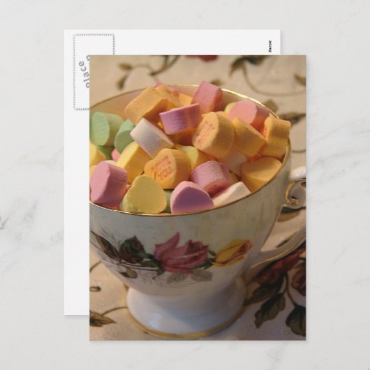 Valentijn Snoep in Teacup Feestdagenkaart (Voorkant / Achterkant)