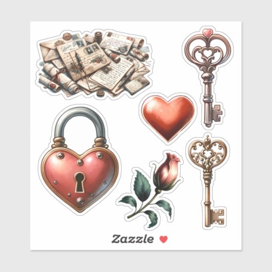  Valentijn stickers hangslot sleutels hart (Vel)
