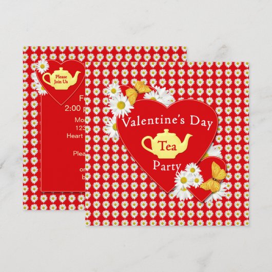 Valentijn Tea Party Daisies Uitnodiging (Voorkant / Achterkant)