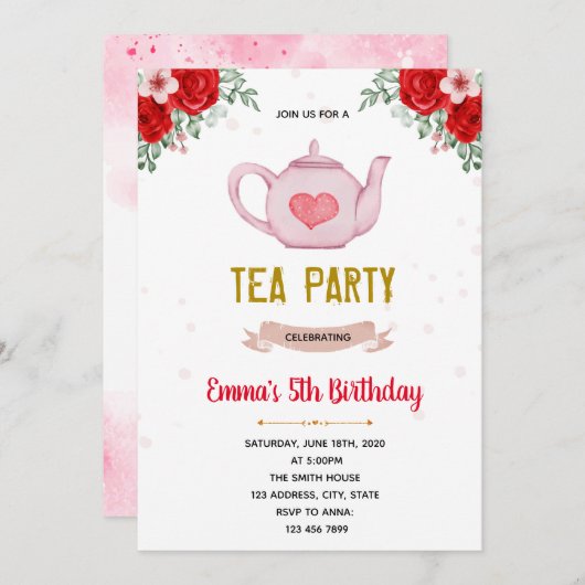 Valentijn tea party verjaardaguitnodiging kaart (Voorkant / Achterkant)