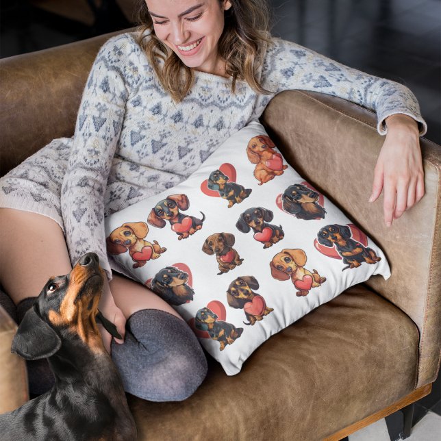 Valentijn Teckel Waterverf hondenhart Kussen (Valentine Dachshund Watercolor dog heart Throw Pillow)