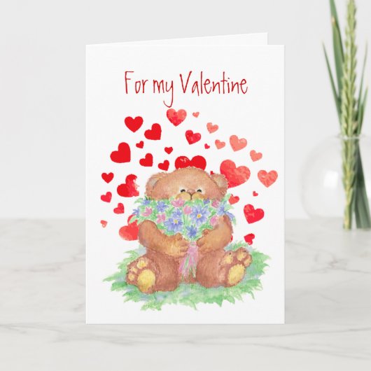 Valentijn Teddy Bear Flowers houdt van je voor alt Feestdagen Kaart (Voorkant)