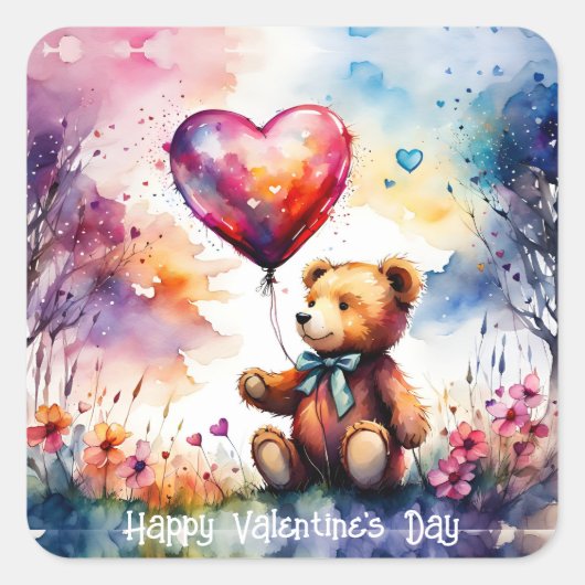 Valentijn Teddybeer met hartballon Vierkante Sticker (Voorkant)