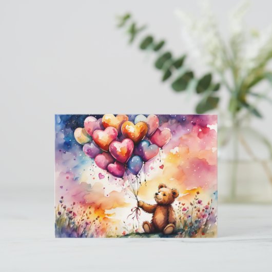 Valentijn Teddybeer met hartvormige ballonnen Briefkaart (Staand voorkant)