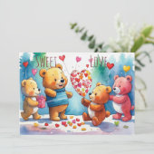 Valentijn teddyberen delen hartvormige Snoepjes Feestdagenkaart (Staand voorkant)