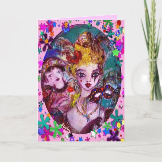 VALENTIJN VENETIAN MASKERADE MASKS EN CONFETTI FEESTDAGEN KAART (Voorkant)