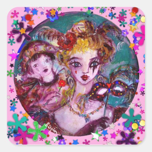 VALENTIJN VENETIAN MASQUERADE CONFETTI VIERKANTE STICKER (Voorkant)