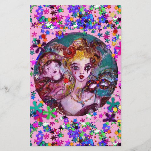 VALENTIJN VENETIAN MASQUERADE MASKS Roze Confetti Briefpapier (Voorkant)