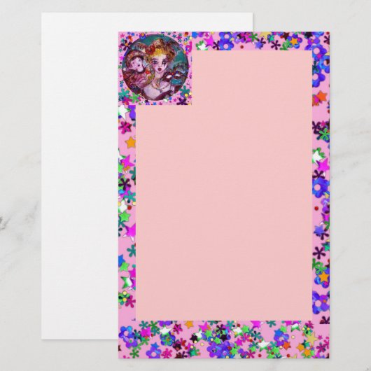 VALENTIJN VENETIAN MASQUERADE MASKS Roze Confetti Briefpapier (Voorkant / Achterkant)