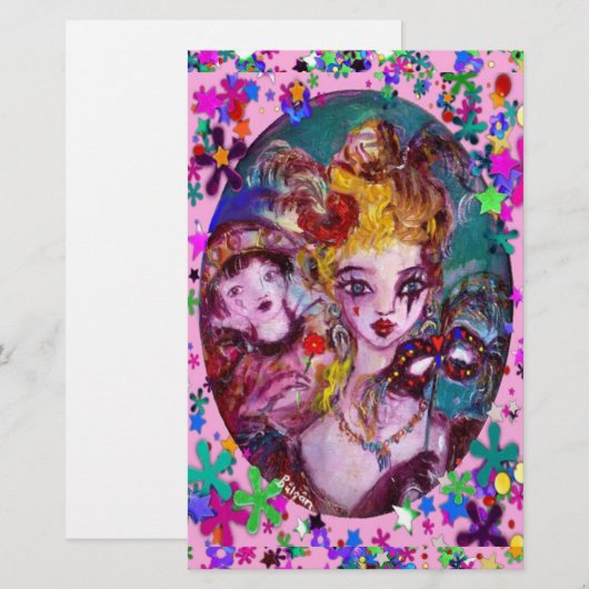 VALENTIJN VENETIAN MASQUERADE MASKS Roze Confetti Briefpapier (Voorkant / Achterkant)