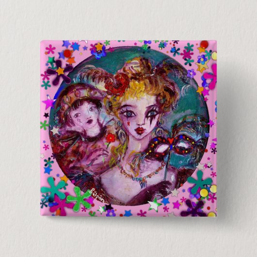 VALENTIJN VENETIAN MASQUERADE MASKS VIERKANTE BUTTON 5,1 CM (Voorkant)