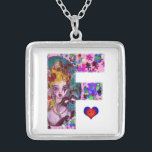 VALENTIJN VENETIAN MASQUERADE MONOGRAM F BRIEF ZILVER VERGULDEN KETTING<br><div class="desc">F alfabet letter initiaal design met hart. Fantastisch levendig en artistiek schilderij met kleurrijke confetti.. Mythische liefde tussen Harlequin en Columbine,  acrylschilderij geïnspireerd uit Venetiaanse vedermaskers en Commedia dell'arte - Venetië. Heldere paarse roze gele kleuren.</div>