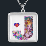 VALENTIJN VENETIAN MASQUERADE MONOGRAM J BRIEF ZILVER VERGULDEN KETTING<br><div class="desc">J alfabet letter initiaal design met hart. Fantastisch levendig en artistiek schilderij met kleurrijke confetti.. Mythische liefde tussen Harlequin en Columbine,  acrylschilderij geïnspireerd uit Venetiaanse vedermaskers en Commedia dell'arte - Venetië. Heldere paarse roze gele kleuren.</div>