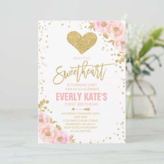 Valentijn Verjaardag Uitnodiging Liefje Roze Goud (Staand voorkant)