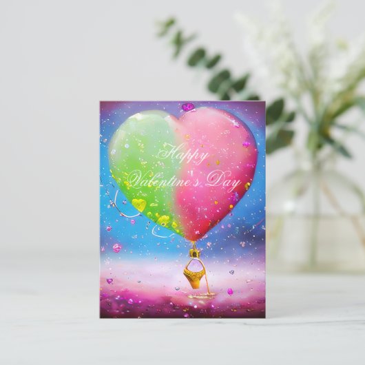 Valentijn voor luchtballon met roze en groene hars briefkaart (Staand voorkant)