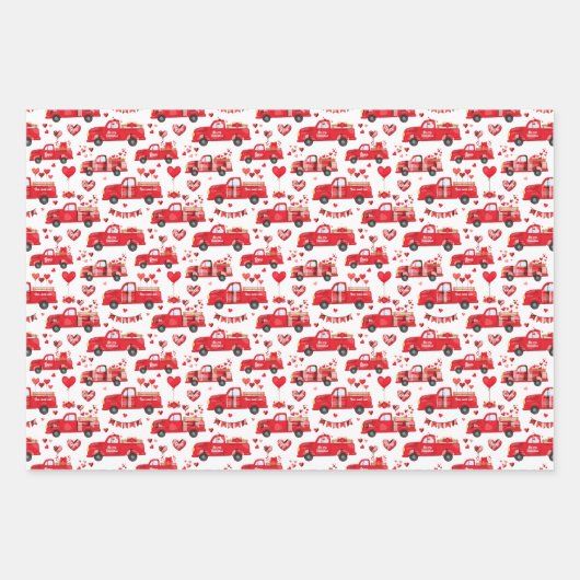 Valentijn vrachtwagens op roze, wit en zwart inpakpapier vel (Voorkant 2)