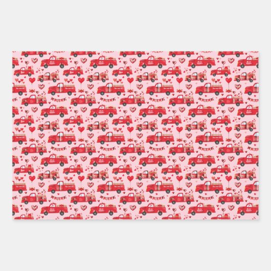 Valentijn vrachtwagens op roze, wit en zwart inpakpapier vel (Voorkant)