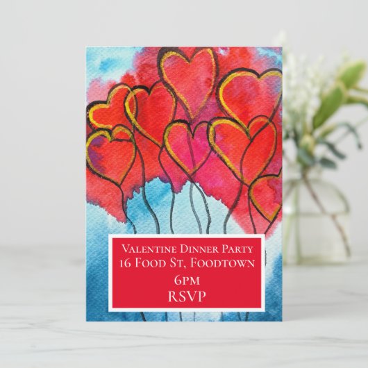 Valentijn waterverf harten diner kaart (Staand voorkant)