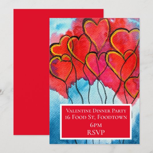 Valentijn waterverf harten diner kaart (Voorkant / Achterkant)