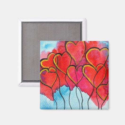 Valentijn waterverf rode hartballonnen magneet (Voorkant / Achterkant)