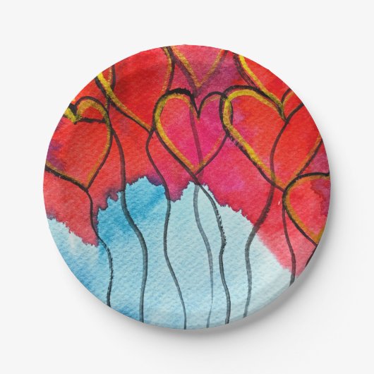 Valentijn waterverf rode hartballonnen papieren bordje (Voorkant)