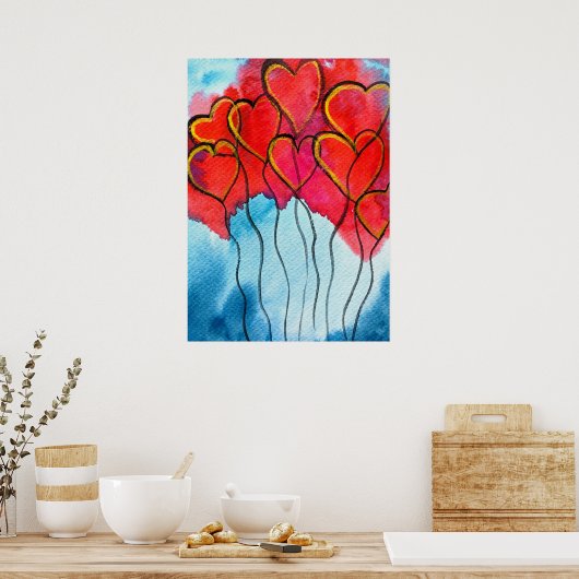Valentijn waterverf rode hartballonnen poster (Keuken)
