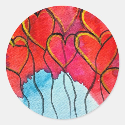 Valentijn waterverf rode hartballonnen ronde sticker (Voorkant)