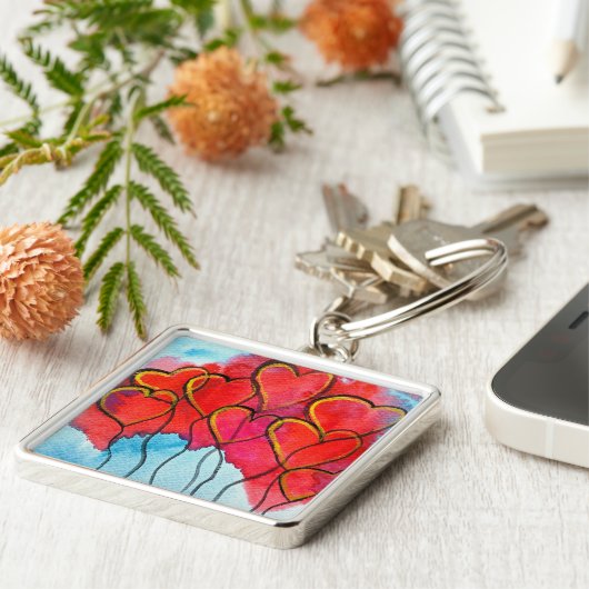 Valentijn waterverf rode hartballonnen sleutelhanger (Zijkant)