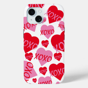 Valentijn XOXO Hart Roze Rood Patroon Modern Wit iPhone 15 Case