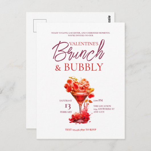 Valentijns Brunch en Bubble Invitation Briefkaart (Voorkant / Achterkant)