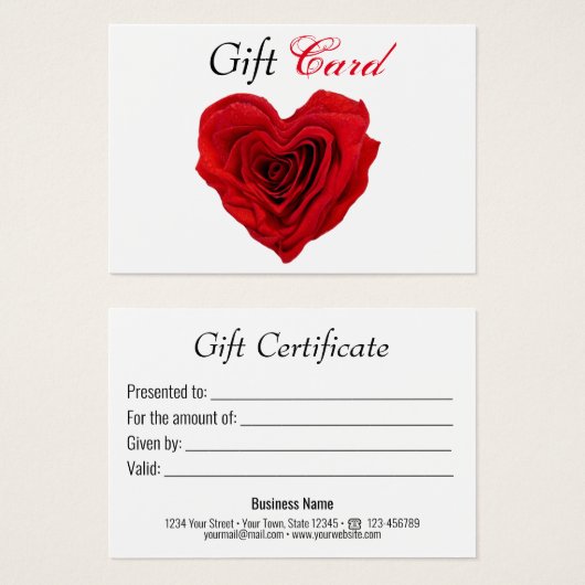 Valentijns cadeaubon van rode roze met hartvorm visitekaartje (Voorkant /achterkant)
