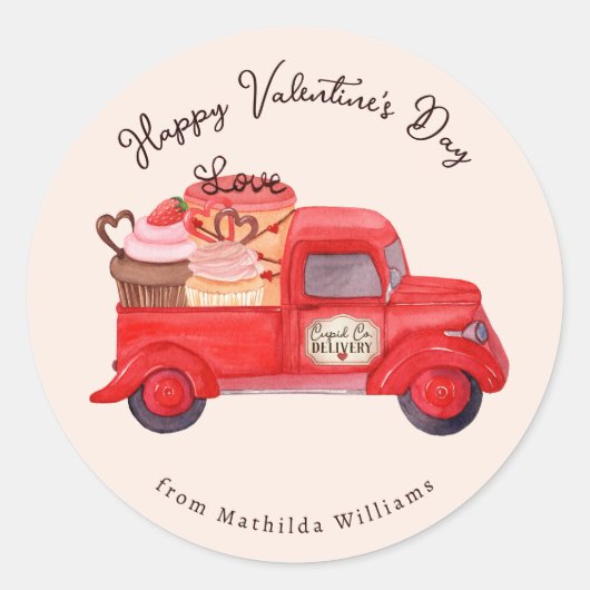 Valentijns Cupido's levering rode vrachtwagen Ronde Sticker (Voorkant)