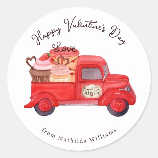 Valentijns Cupido's levering rode vrachtwagen Ronde Sticker (Voorkant)