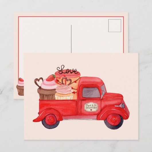 Valentijns Cupido's Levering Rode Waterverf Truck Feestdagenkaart (Voorkant / Achterkant)