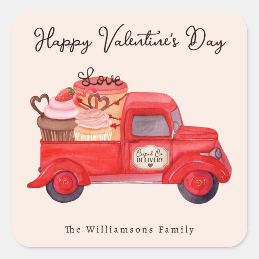 Valentijns Cupido's Levering Rode Waterverf Truck Vierkante Sticker (Voorkant)