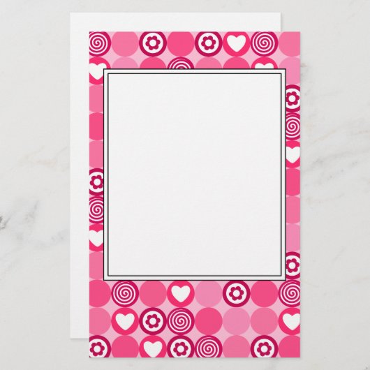 Valentijns Cute Roze Hart en Bloem Stippen Patroon Briefpapier (Voorkant / Achterkant)