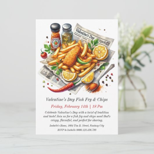 Valentijn's Day Fish Fry & Chips Uitnodiging (Staand voorkant)