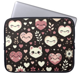 Valentijn's Day Kawaii Cats Hearts Bloemenpatroon Laptop Sleeve