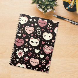 Valentijn's Day Kawaii Cats Hearts Bloemenpatroon Notitieboek