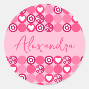 Valentijns Hartjes Roze Hart En Bloem Patroon Naam Ronde Sticker
