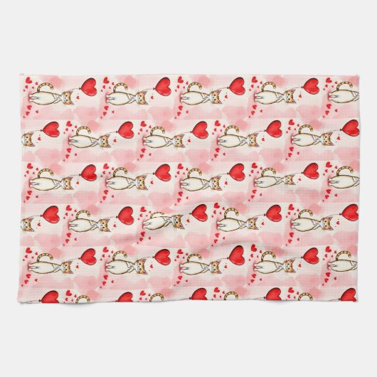 Valentijns keukendoek kat rode hart theedoek (Horizontaal)