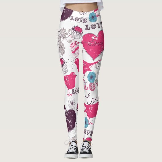 Valentijns motief Red Hearts & Birds Leggings (Voorkant)